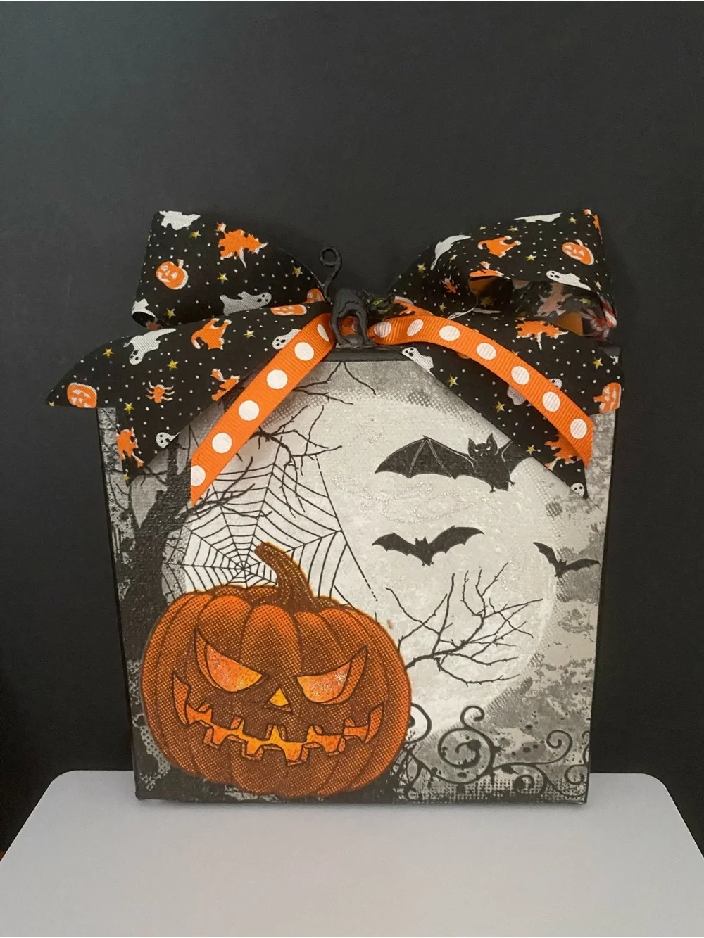 Halloween Pumpkin chunky canvas sitter with Decorative Bow — Black & Orange